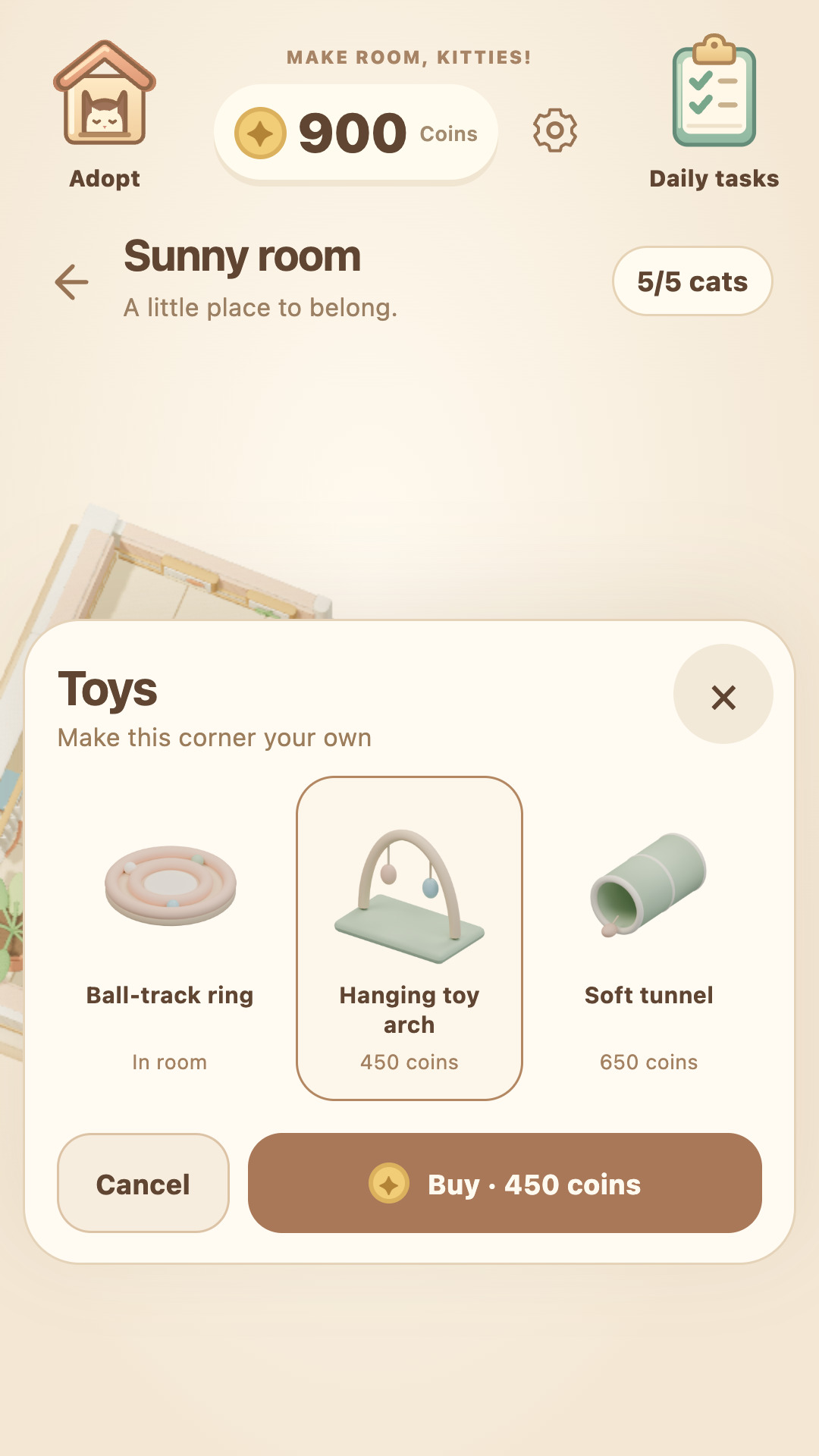 Make Room, Kitties! Toys selector: a ball-track ring, hanging toy arch and soft tunnel
