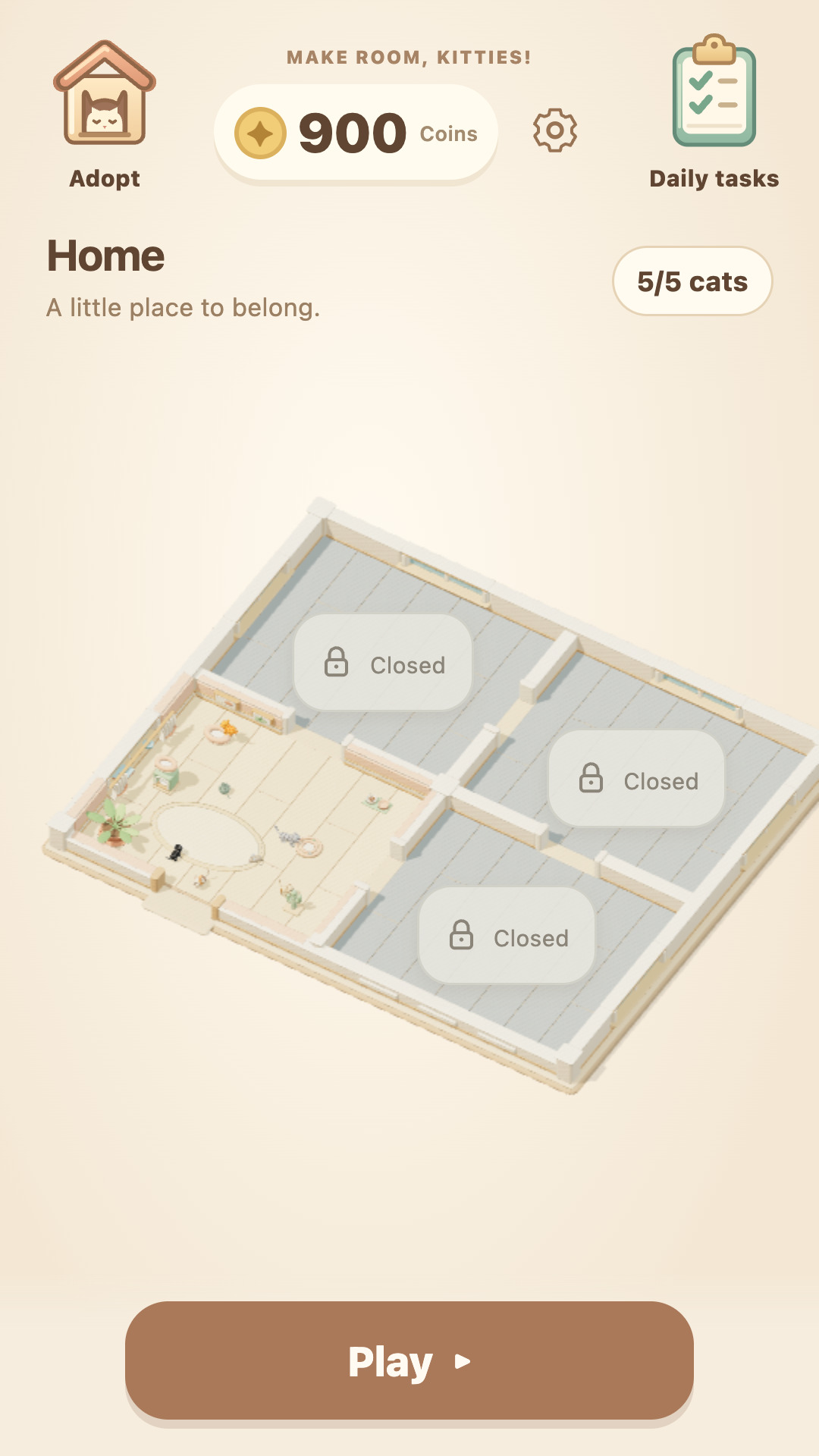 Make Room, Kitties! main Home: Play, five cats in a furnished room and three closed rooms