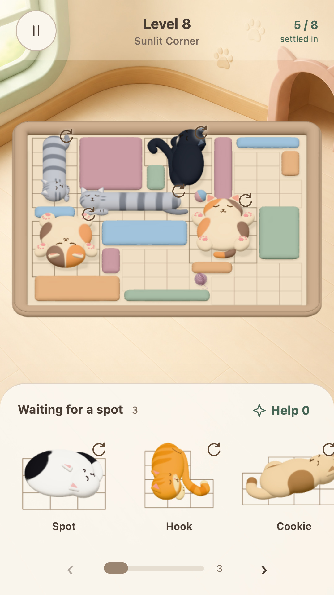 Make Room, Kitties! puzzle: cats fit into a bed, with more waiting for a spot