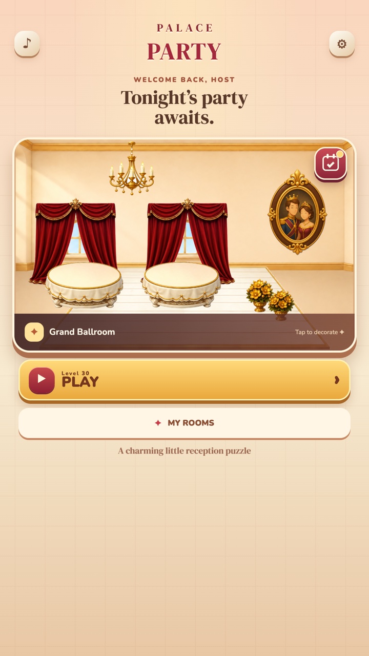 Palace Party home screen with a decorated Grand Ballroom and Play button