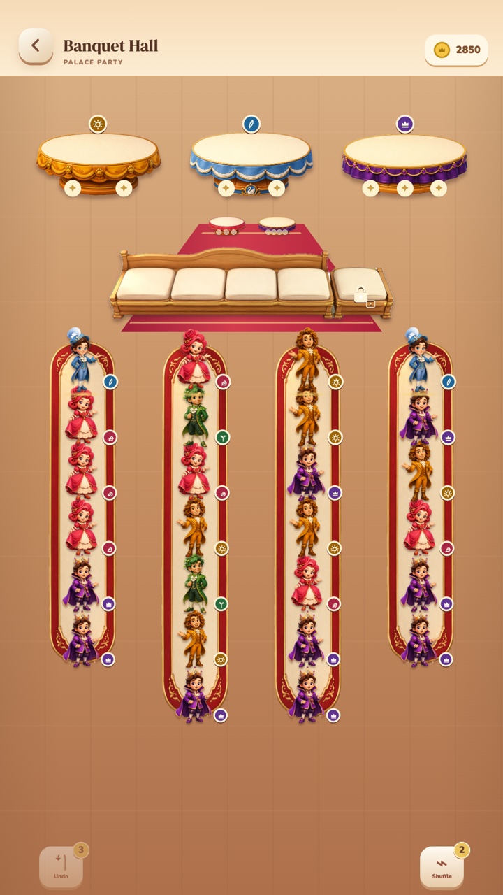 Palace Party gameplay: royal guests queue for matching house tables in Banquet Hall
