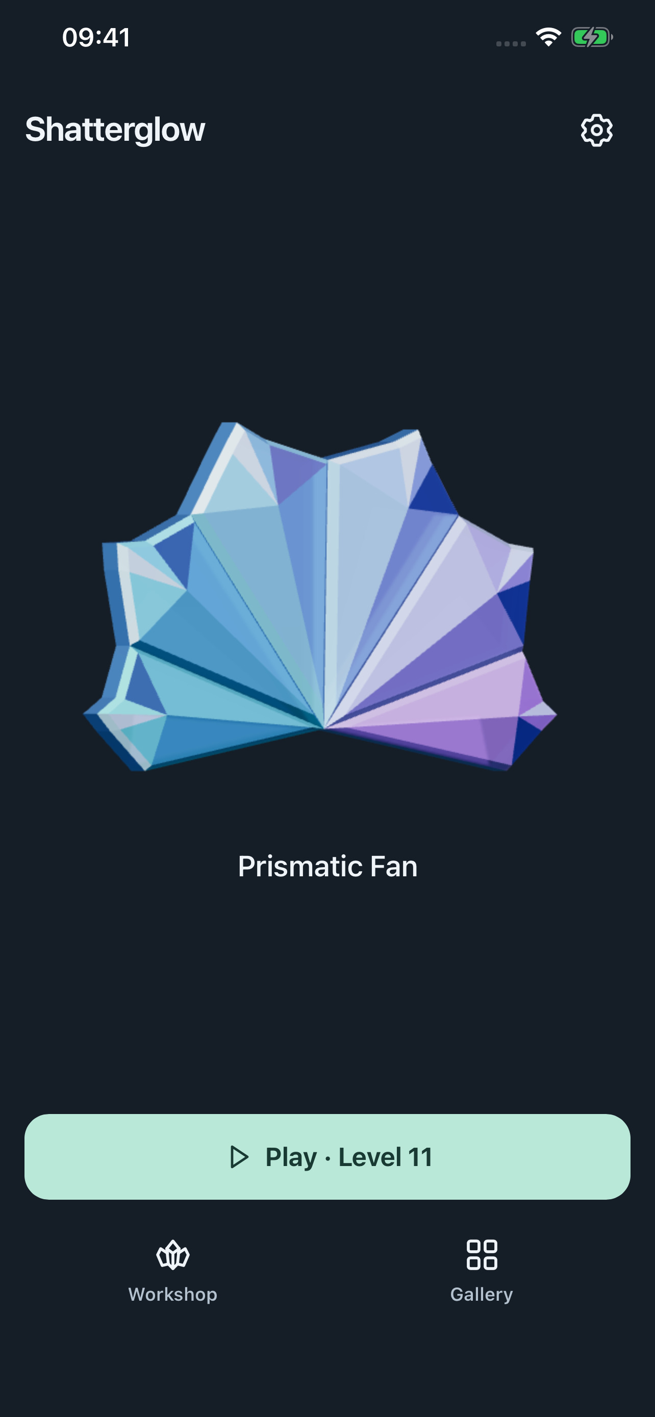 Shatterglow home: crystal sculpture, chapter progress and Play button