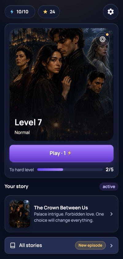 TaleLine home screen: level 7 card over the cover of The Crown Between Us