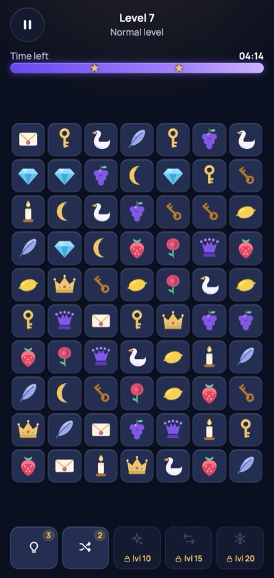 TaleLine gameplay: a glowing line connects two matching charms on the board